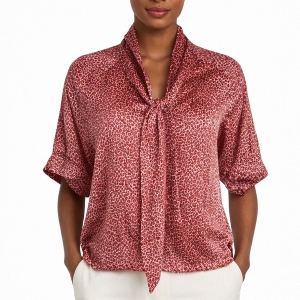 New York & Co Red Leopard Print Tie Neck Bow Blouse Short Sleeve S Preppy 82-43